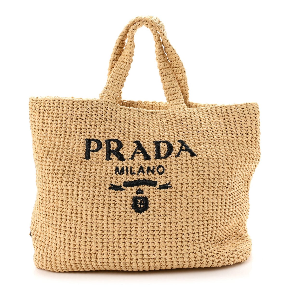 Yarn Raffia Effect Crochet Embroidered Logo Tote Naturale