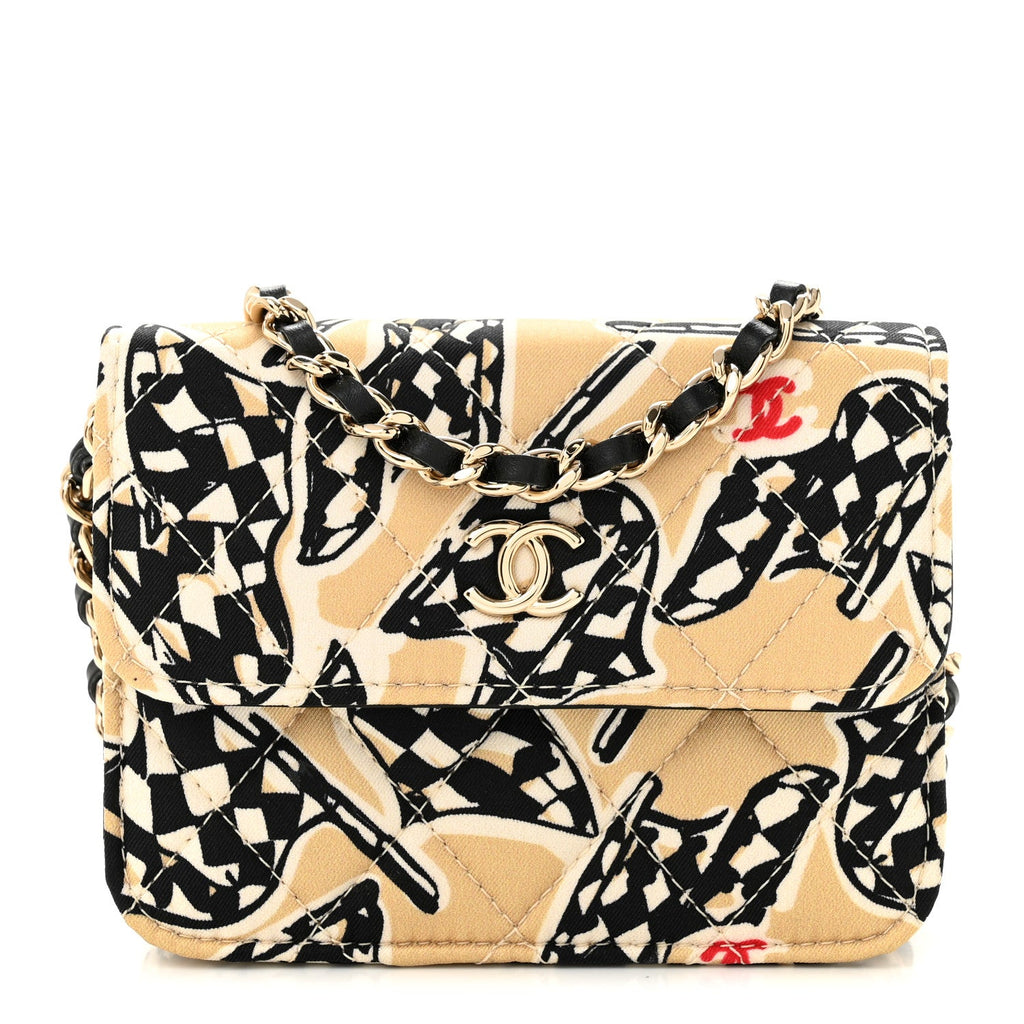 Canvas Check Flag Printed CC Clutch With Chain Beige Multicolor