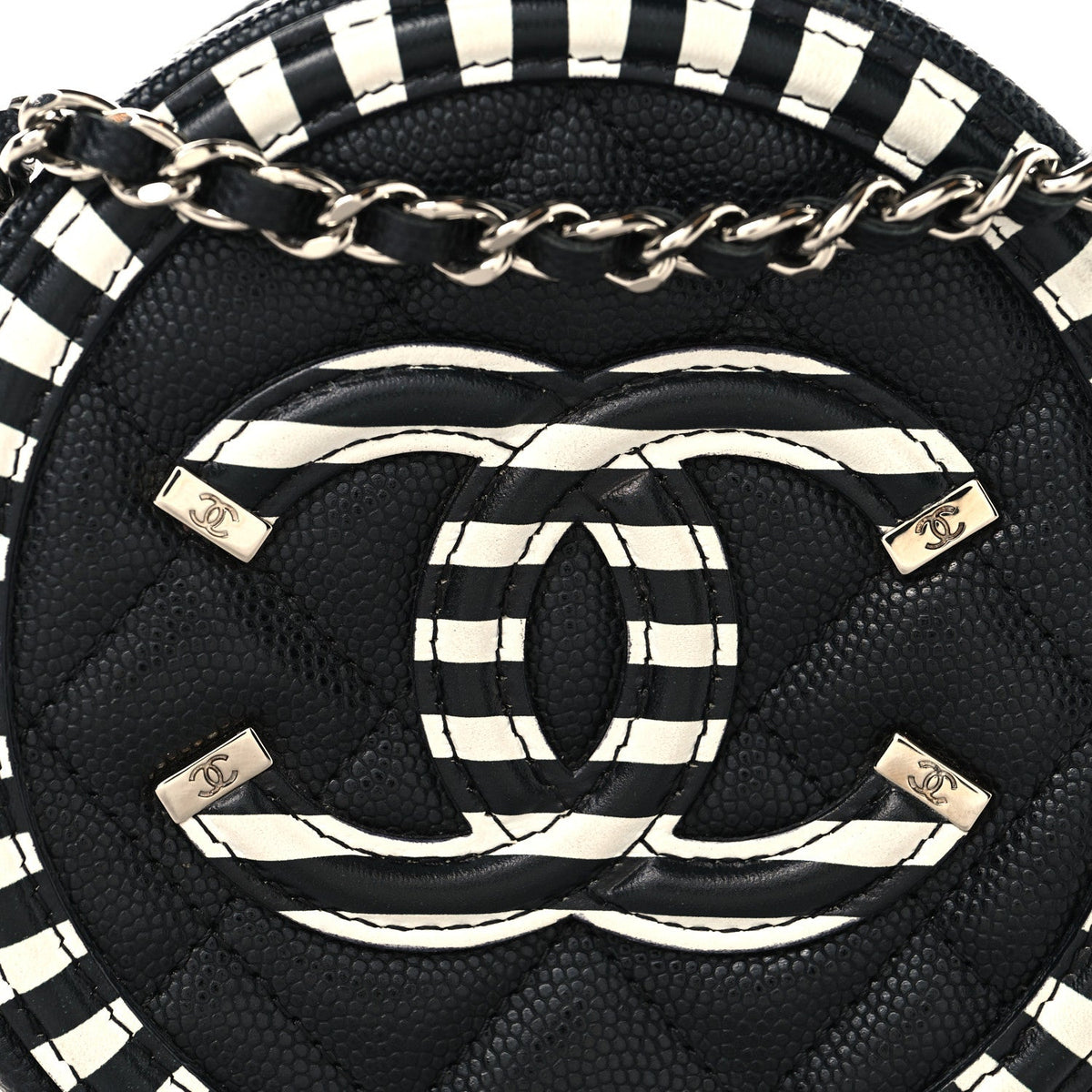 Caviar Quilted Filigree Round Clutch With Chain Black White