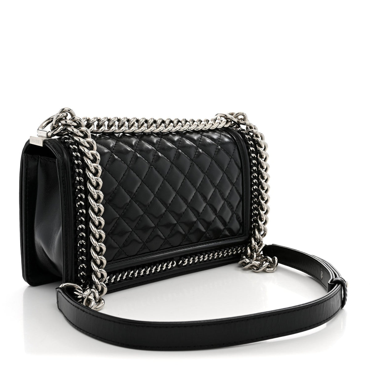 Glazed Calfskin Quilted Medium Chain Around Boy Flap Black