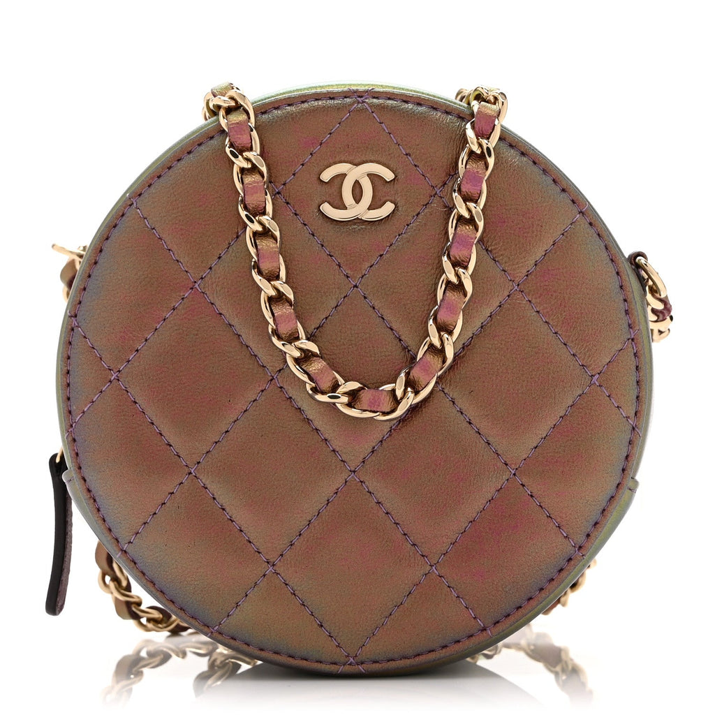 Iridescent Lambskin Quilted Round Clutch With Chain Purple