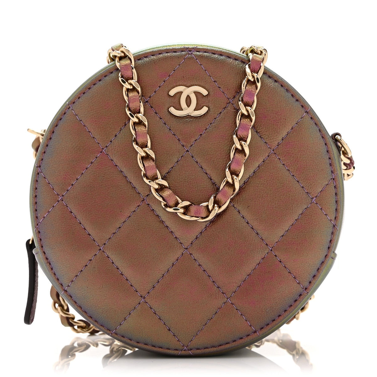 Iridescent Lambskin Quilted Round Clutch With Chain Purple