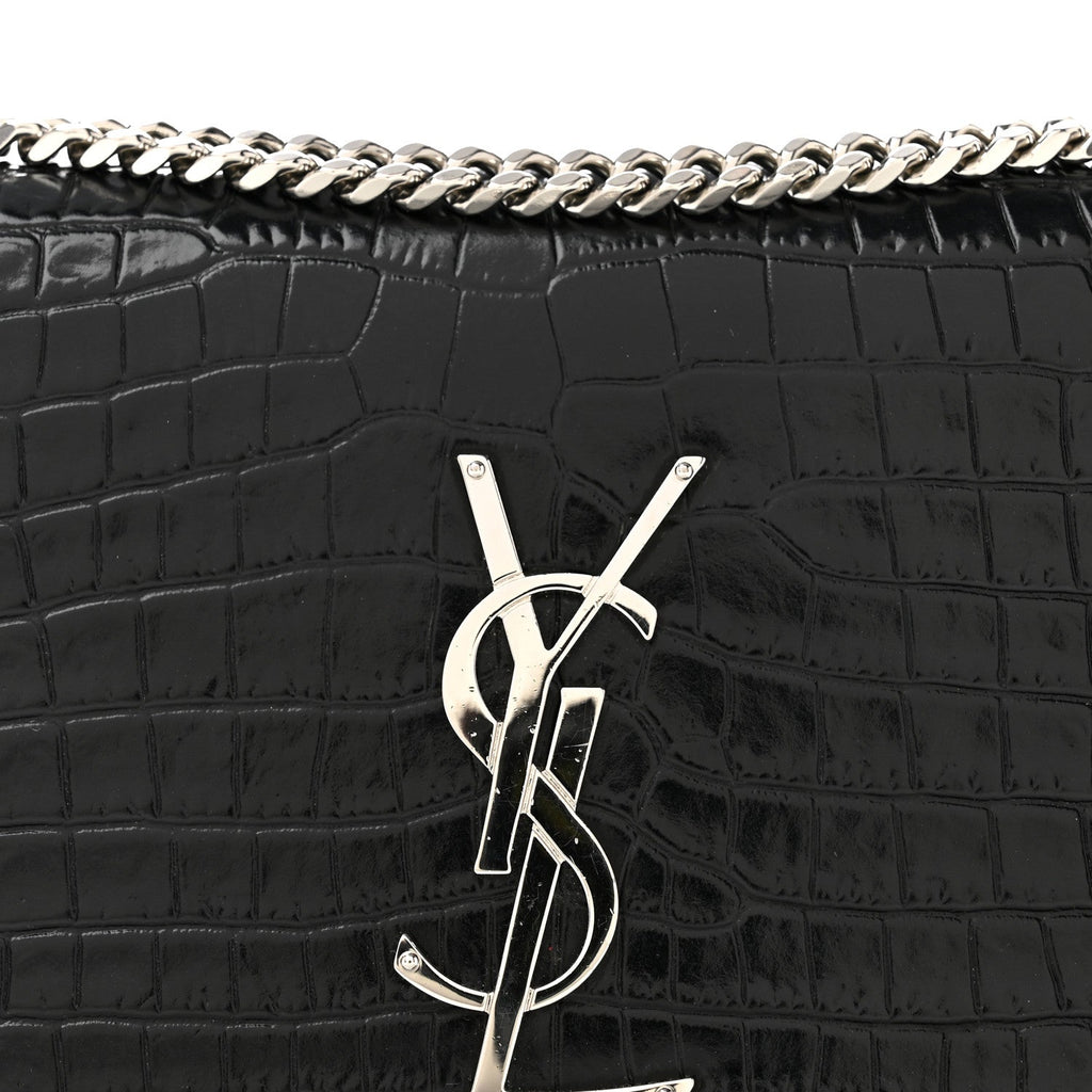 Calfskin Crocodile Embossed Small Classic Monogram Kate Tassel Satchel Black