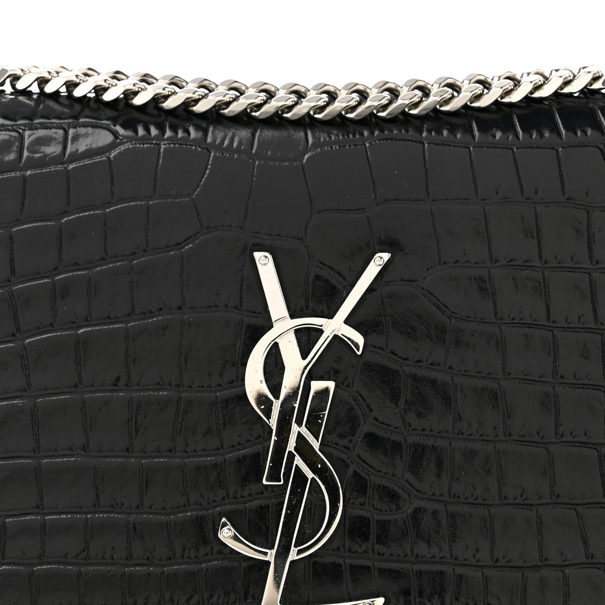 Calfskin Crocodile Embossed Small Classic Monogram Kate Tassel Satchel Black