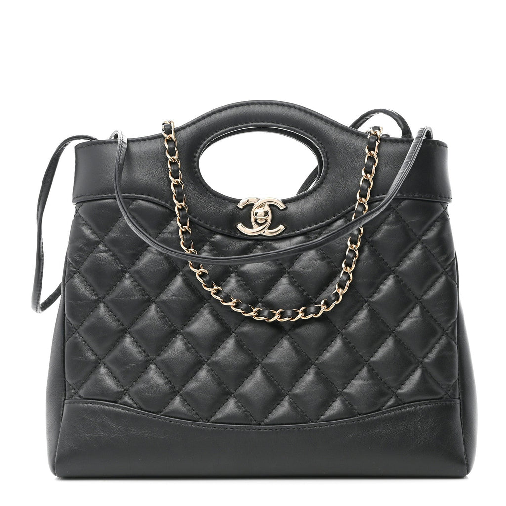 Aged Calfskin Quilted Mini 31 Shopping Bag Black