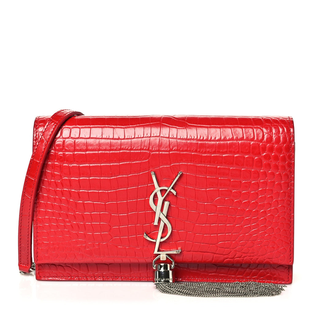 Calfskin Crocodile Embossed Kate Monogram Tassel Chain Wallet Rouge Eros