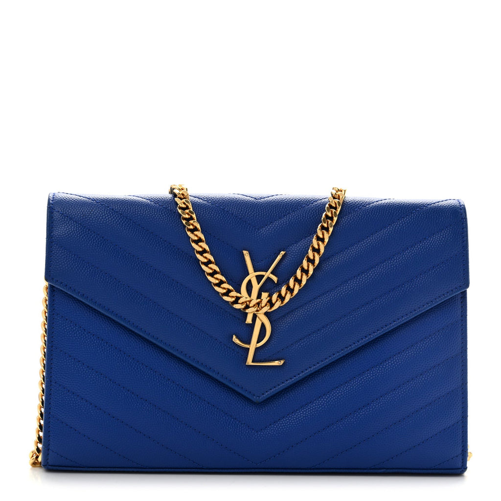 Grain De Poudre Matelasse Chevron Monogram Chain Wallet Blue Majorelle