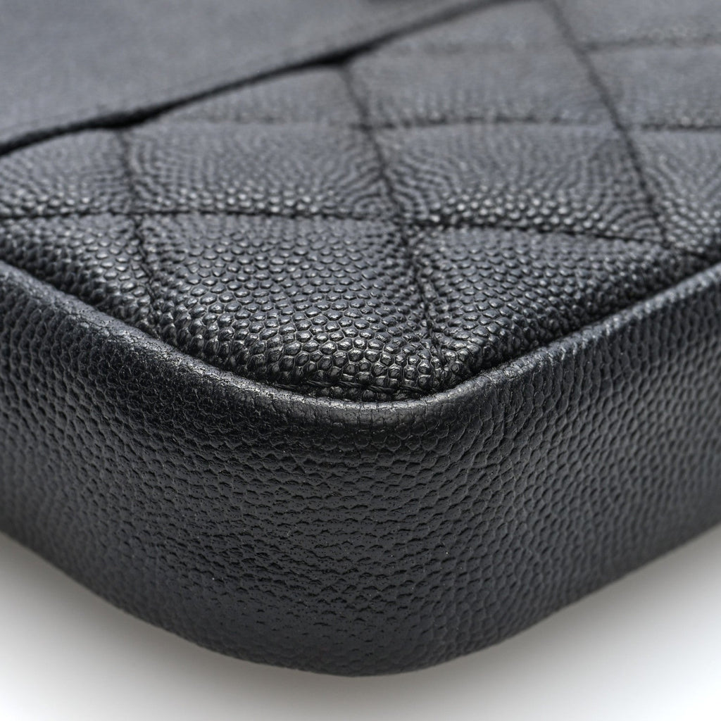Caviar Quilted Zipped Phone Holder With Chain Black