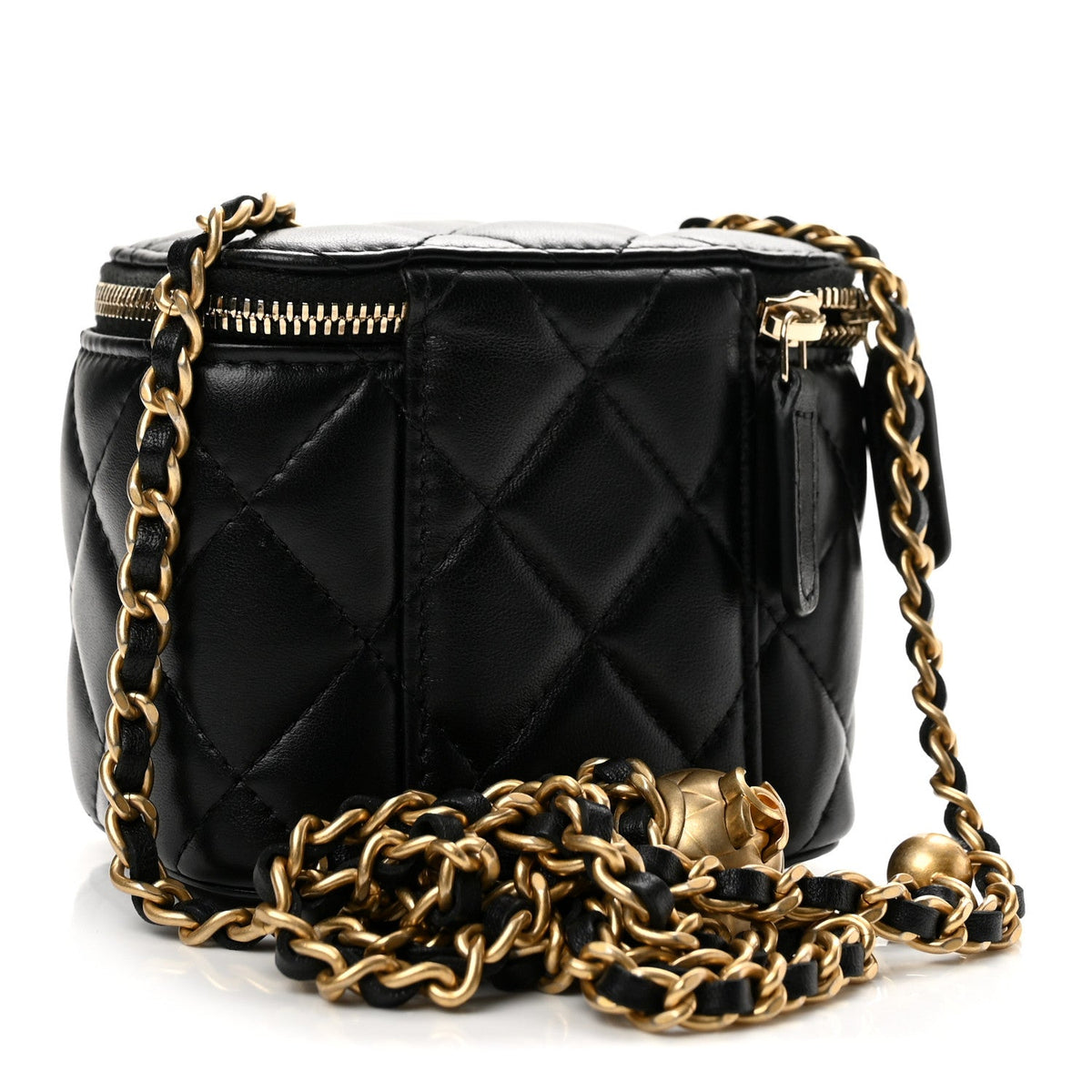 Lambskin Quilted Mini Pearl Crush Vanity Case With Chain Black