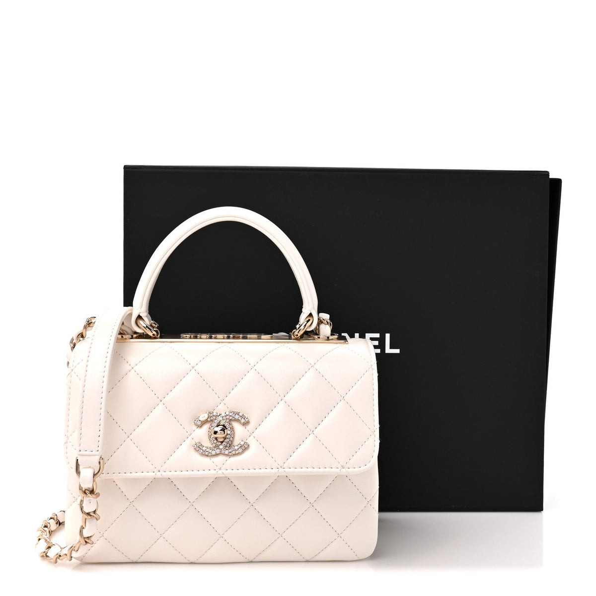 Lambskin Crystal Quilted Mini Trendy CC Dual Handle Flap Bag White