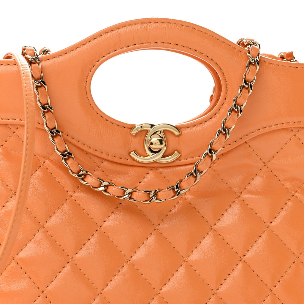 Shiny Crumpled Calfskin Quilted Mini 31 Shopping Bag Orange