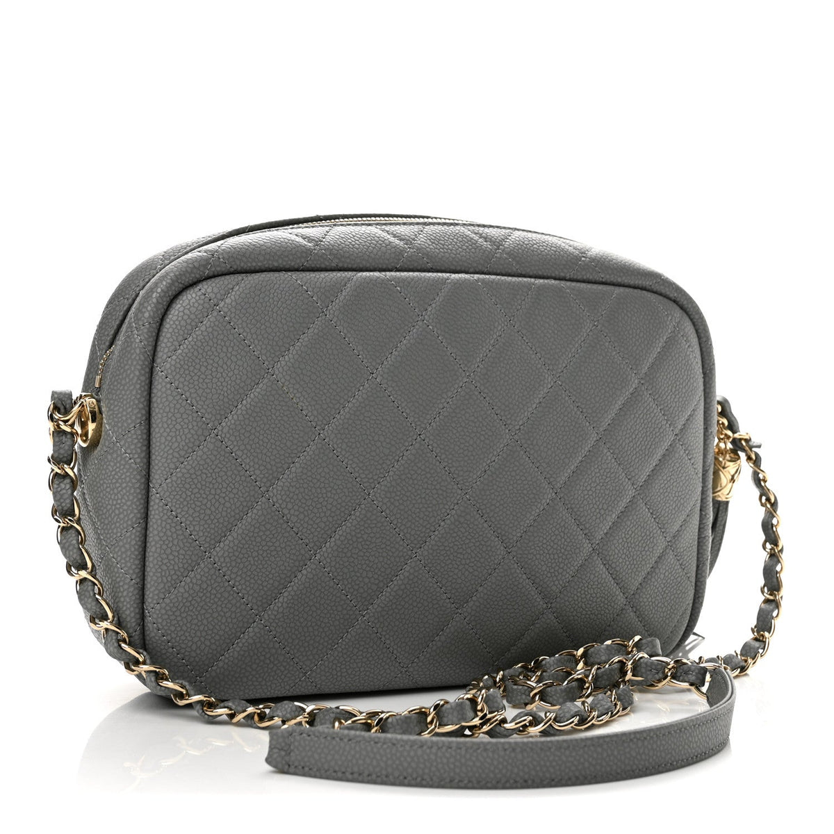 Iridescent Caviar Flat Quilted Small Coco Tassel Camera Case Grey