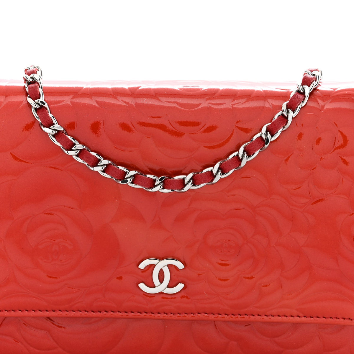 Patent Camellia Embossed Wallet On Chain WOC Dark Red