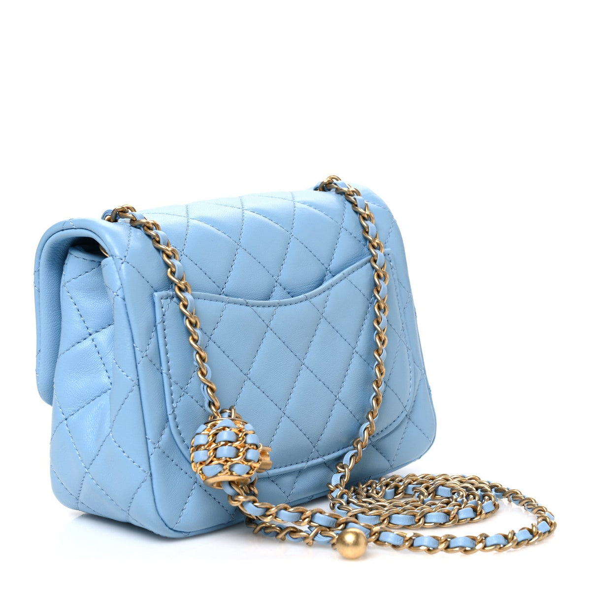 Lambskin Quilted Mini Pearl Crush Flap Light Blue