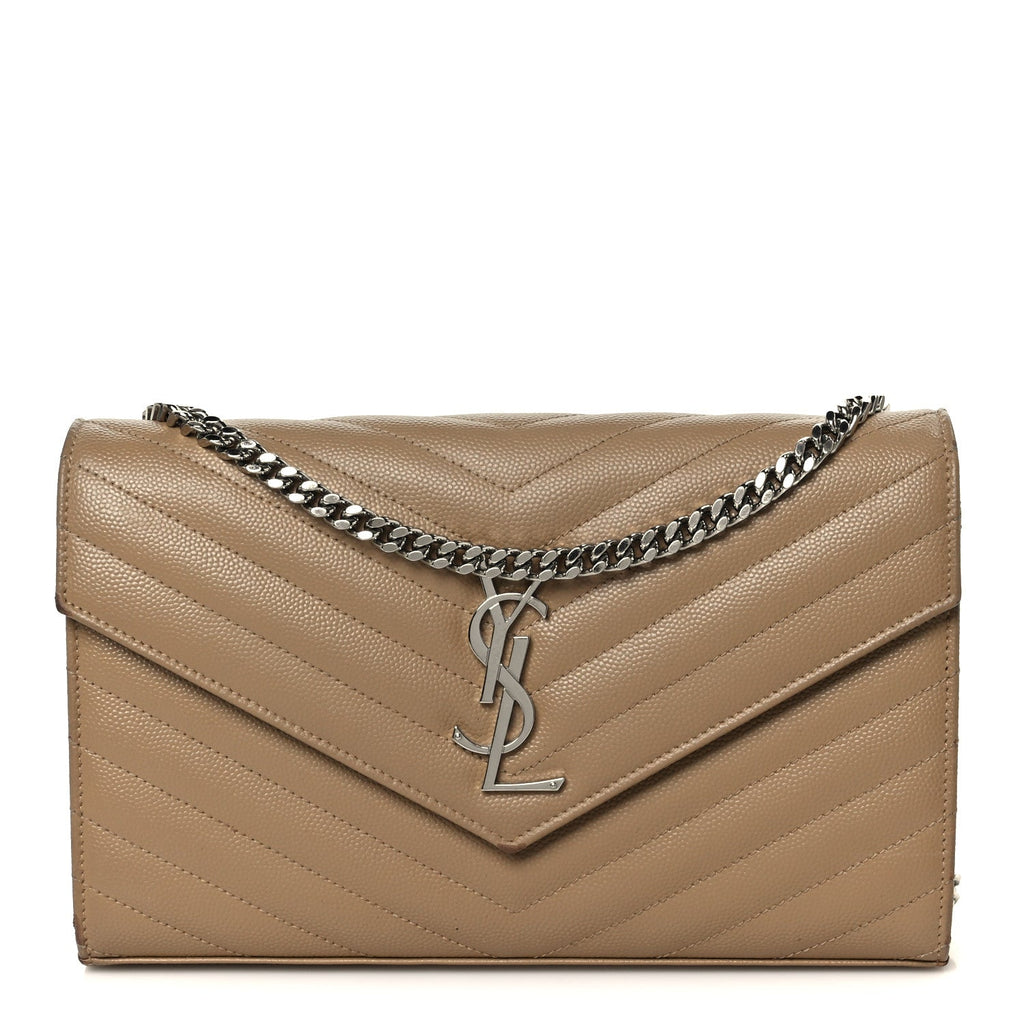 Grain De Poudre Matelasse Chevron Monogram Envelope Chain Wallet Dark Beige