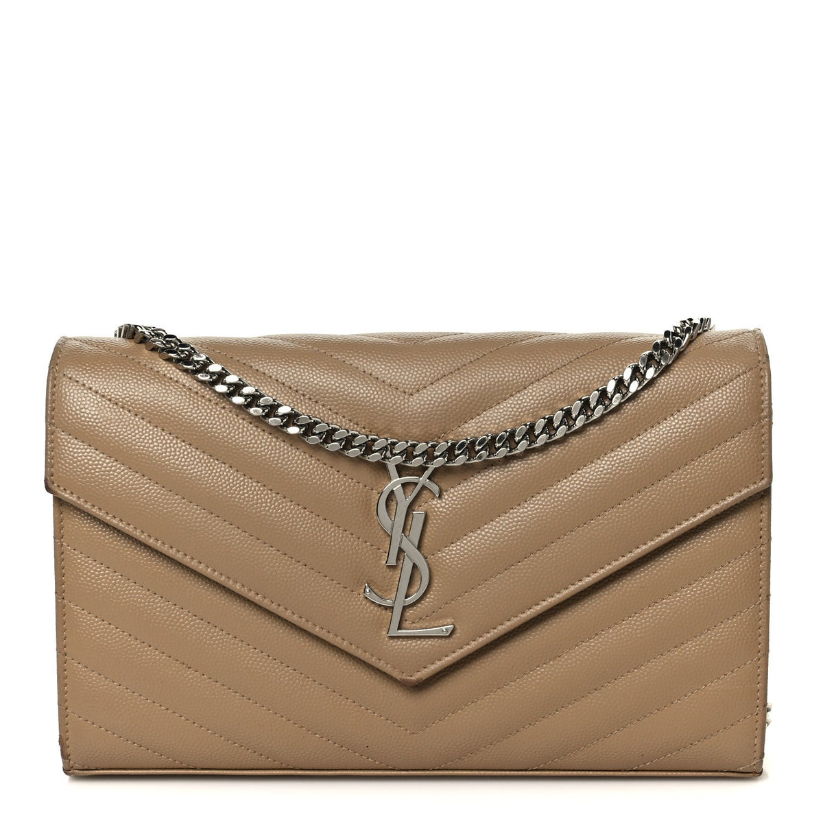 Grain De Poudre Matelasse Chevron Monogram Envelope Chain Wallet Dark Beige