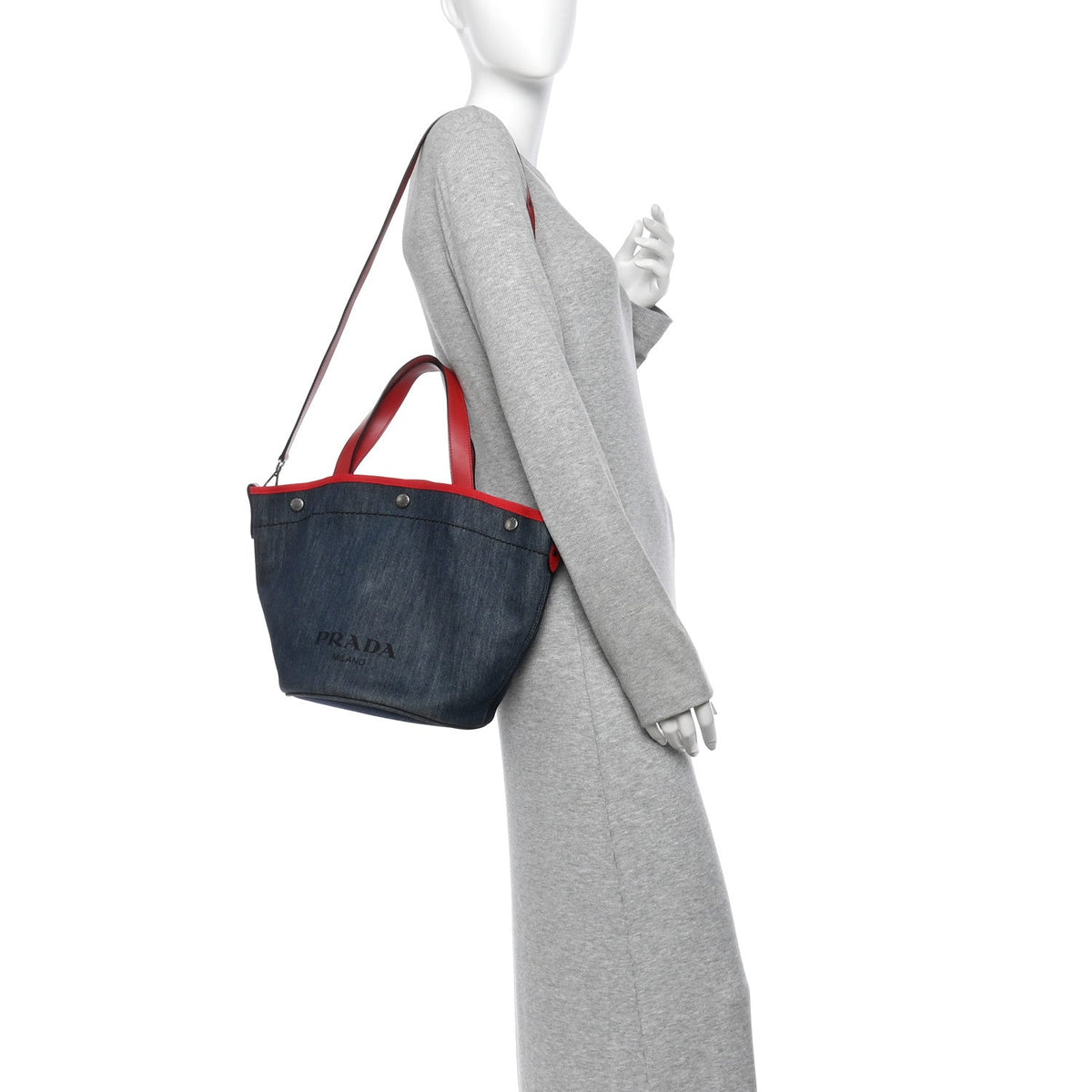 Denim Calfskin Logo Shopping Tote Blue Red