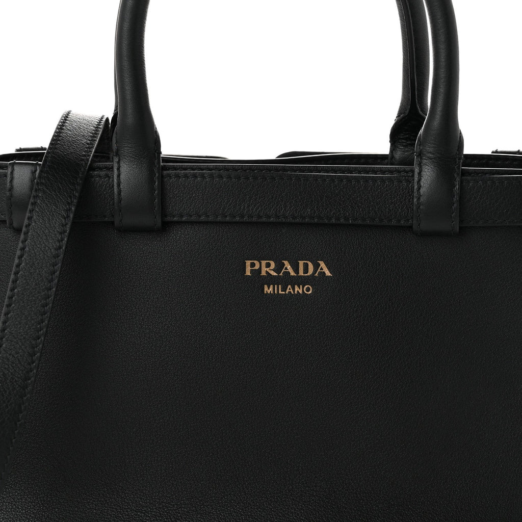 Soft Grain Calfskin Small Double Belt Tote Black