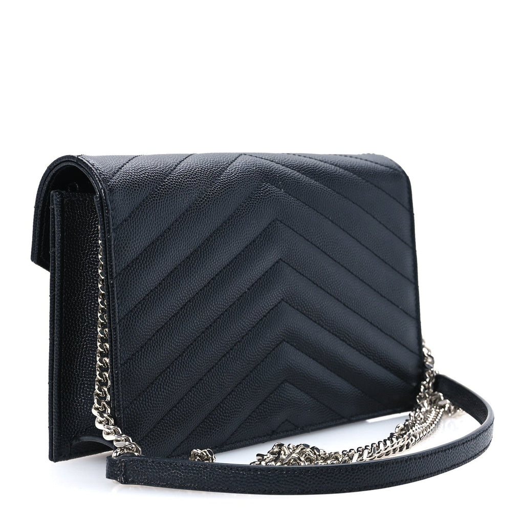 Grain De Poudre Matelasse Chevron Monogram Envelope Chain Wallet Black