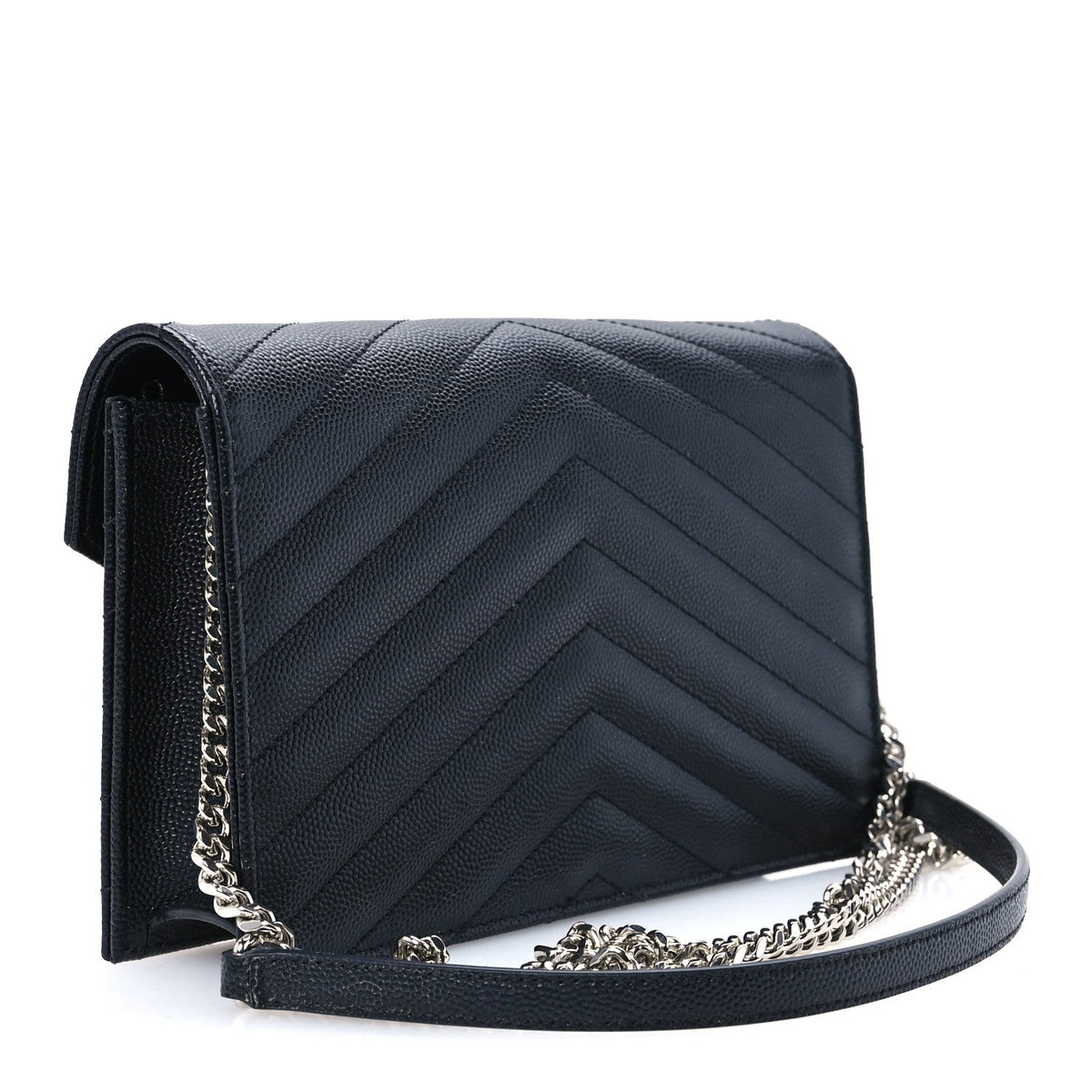 Grain De Poudre Matelasse Chevron Monogram Envelope Chain Wallet Black
