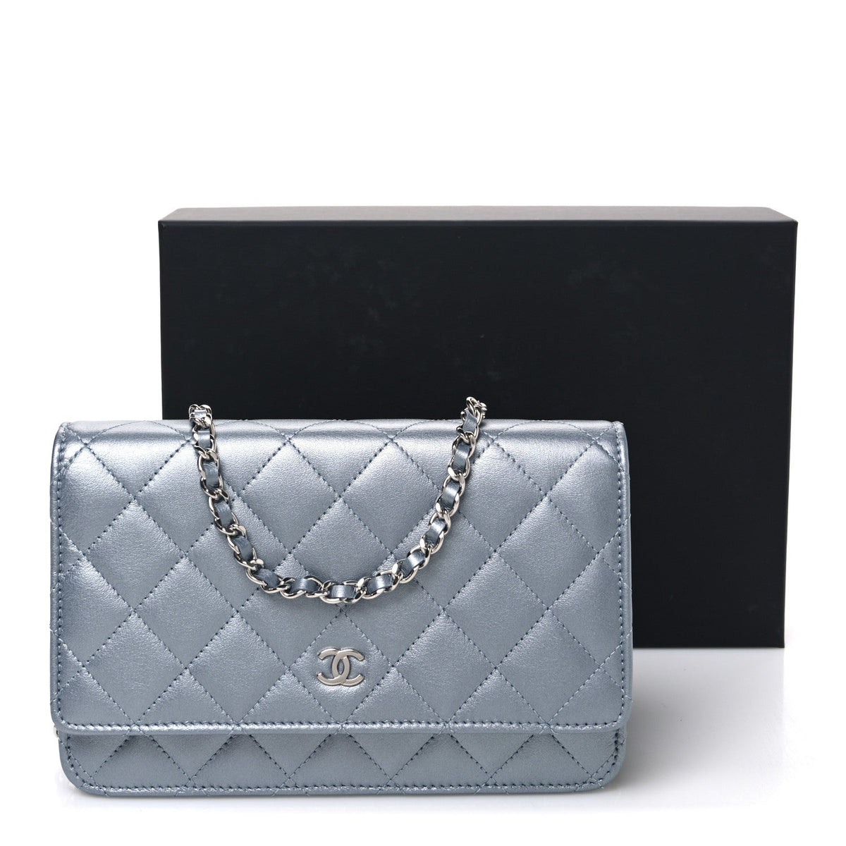 Metallic Lambskin Quilted Wallet On Chain WOC Silver