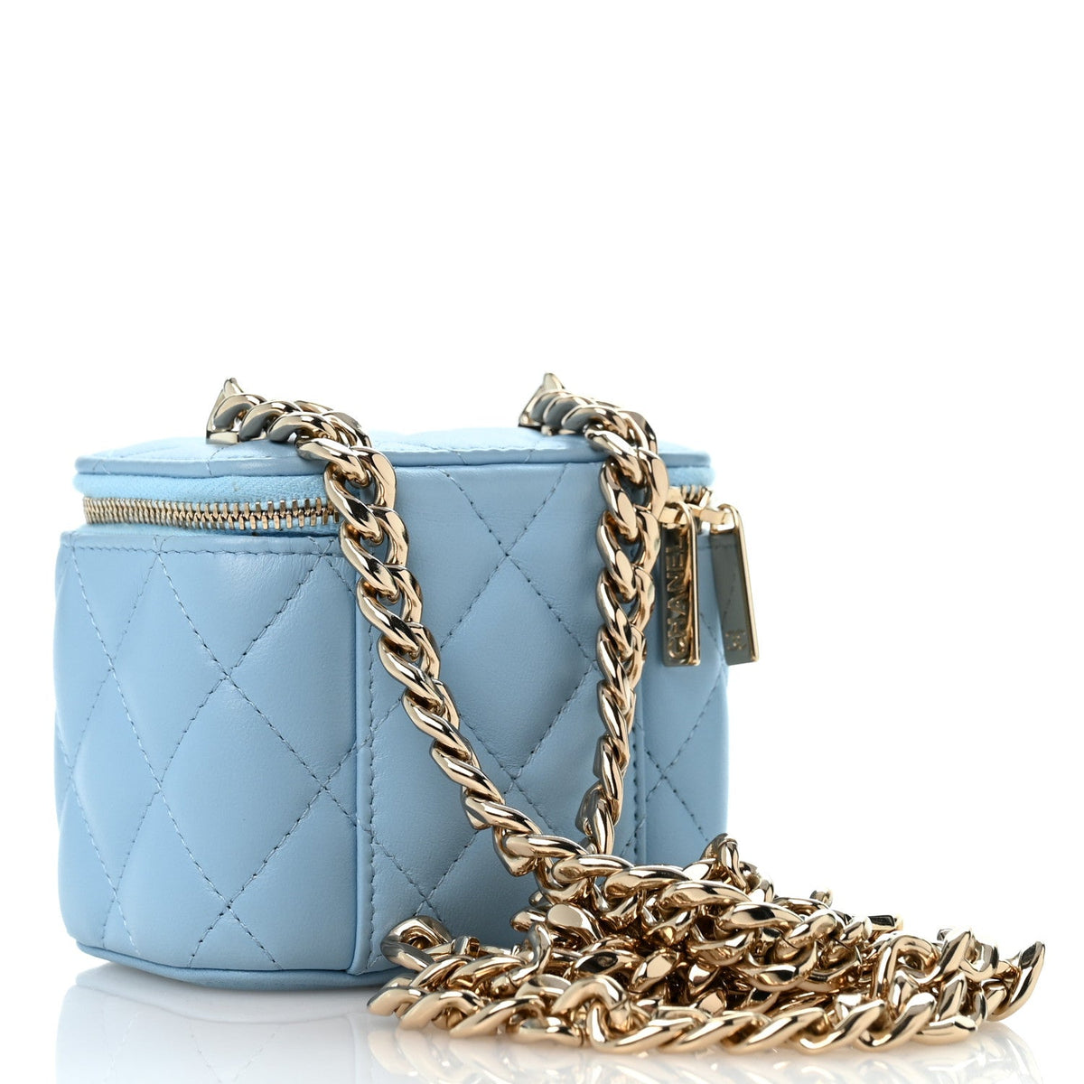 Lambskin Quilted Enamel Coco Mini Vanity Case With Chain Blue