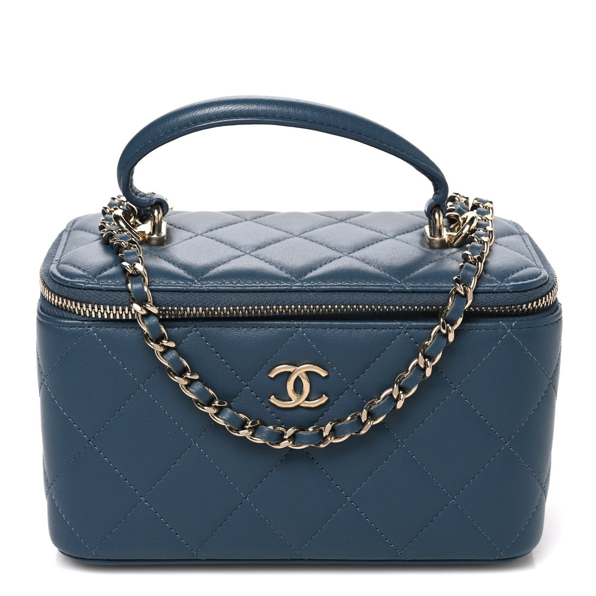 Lambskin Quilted Small Top Handle Vanity Case With Chain Blue
