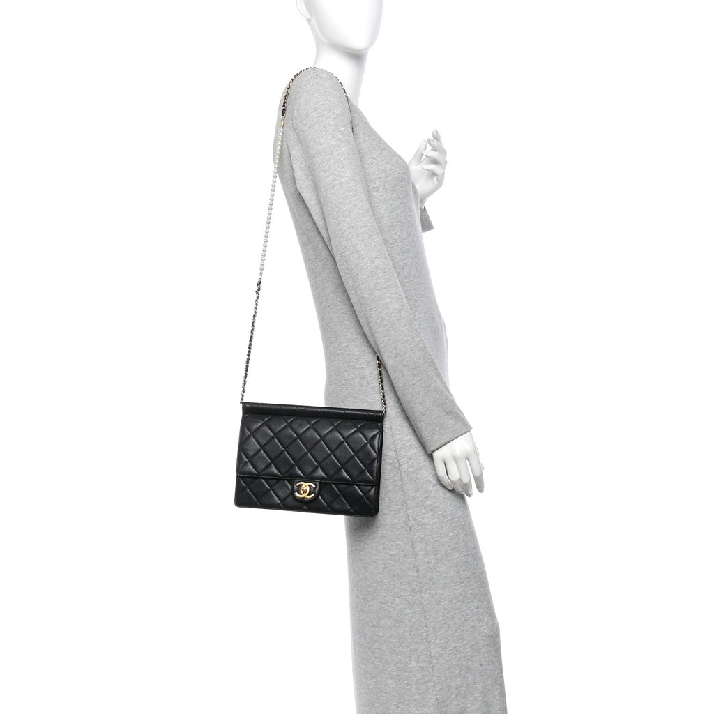 Lambskin Quilted Large Pearl Chain Flap Bag Black
