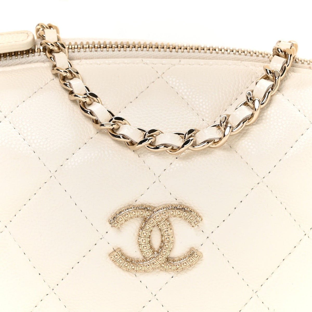 Caviar Quilted Hobo Clutch With Chain White