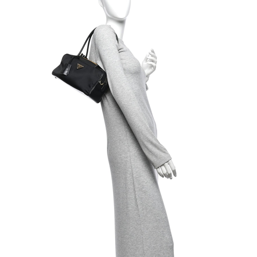 Re-Nylon Vitello Small Top Handle Padlock Bag Black