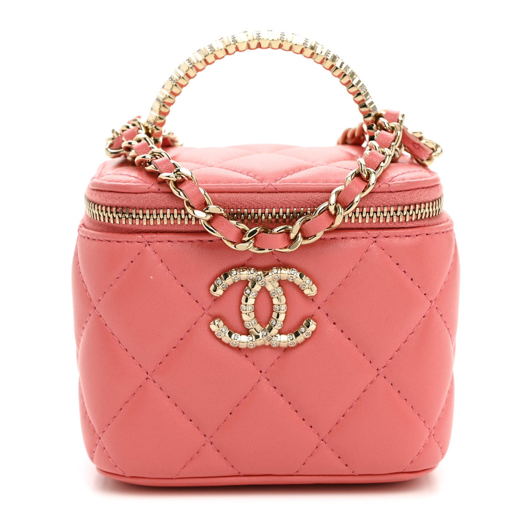Lambskin Quilted Crystal Top Handle Mini Vanity Case With Chain Coral