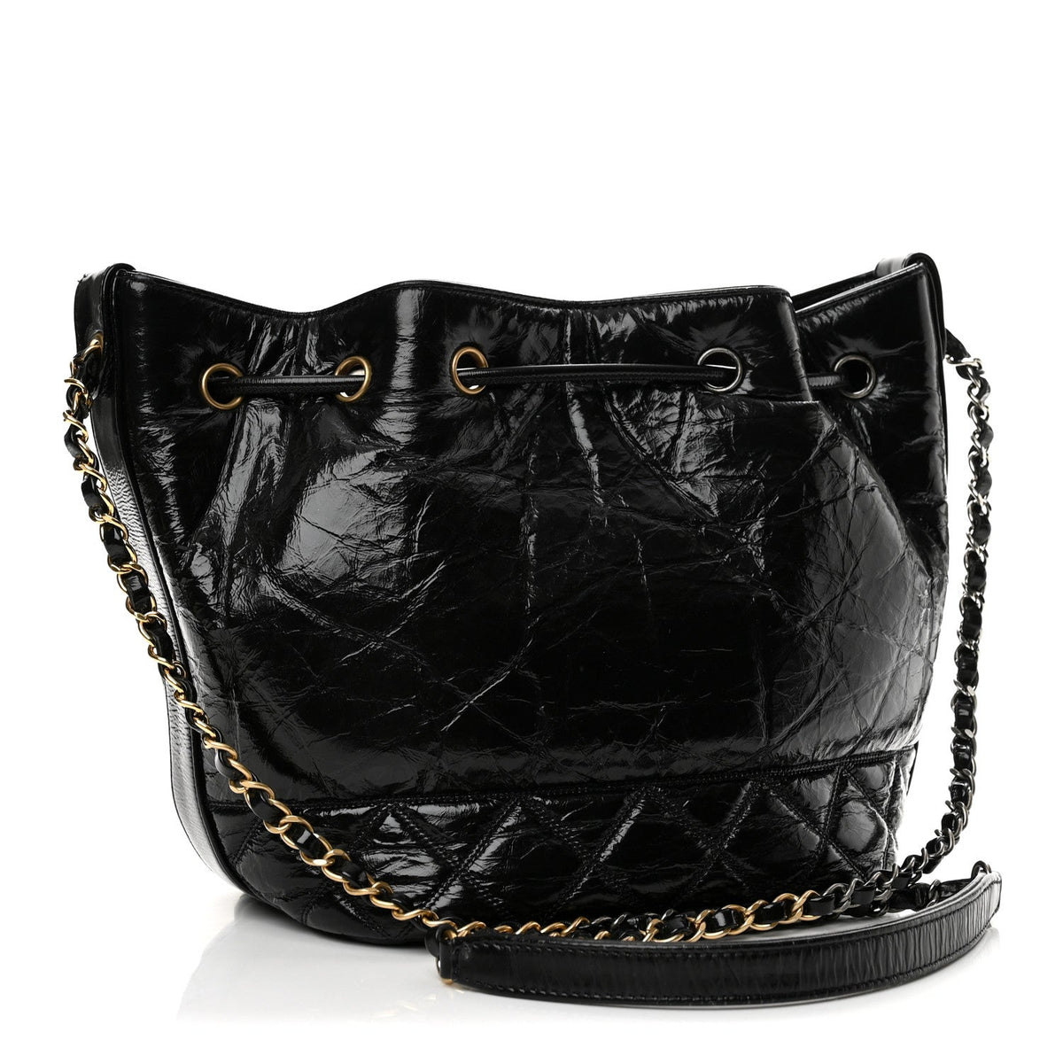 Shiny Aged Calfskin CC Chain Drawstring Bag Black