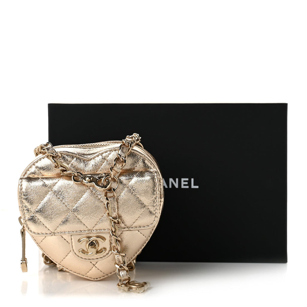 Metallic Lambskin Quilted CC In Love Heart Waist Belt Bag With Chain Gold