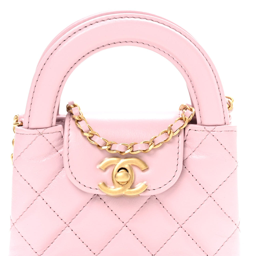 Shiny Aged Calfskin Quilted Mini Nano Kelly Shopper Pink