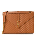 Smooth Calfskin Matelasse Chevron Large Monogram Satchel Brown