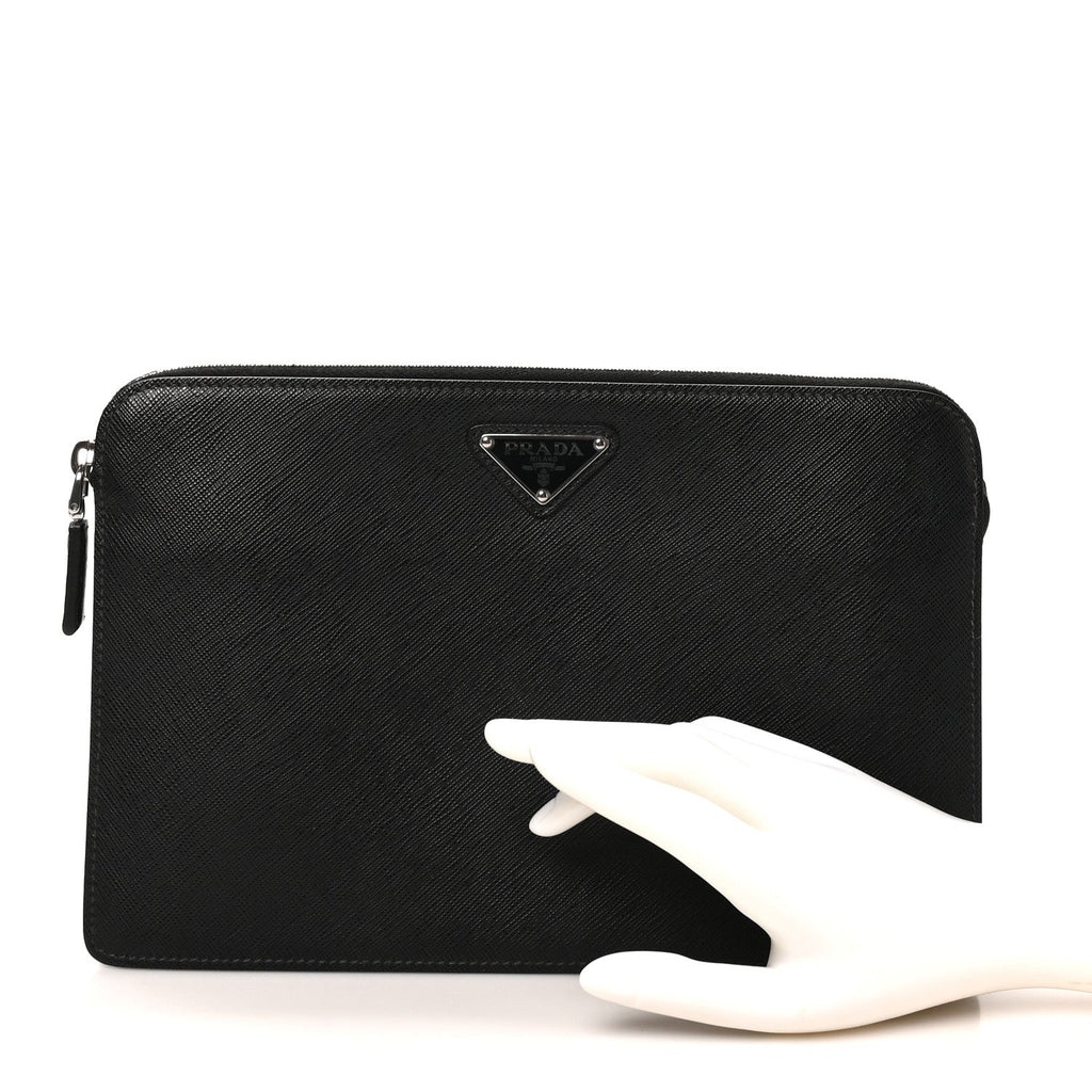 Saffiano Travel Metal Triangle Logo Slip Handle Wristlet Pouch Black