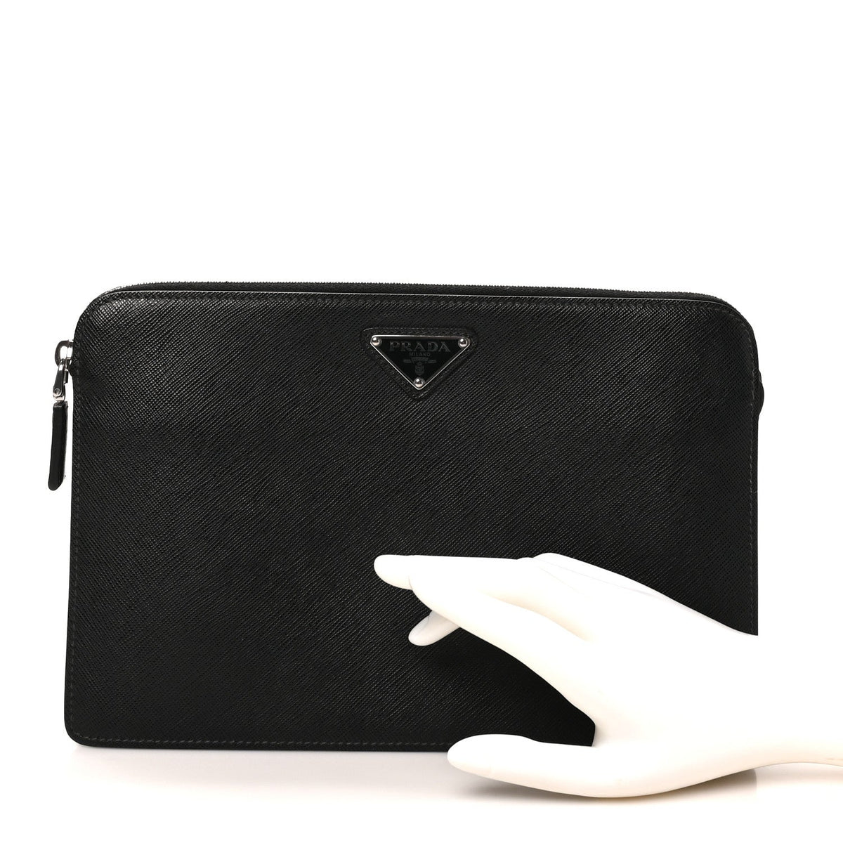 Saffiano Travel Metal Triangle Logo Slip Handle Wristlet Pouch Black