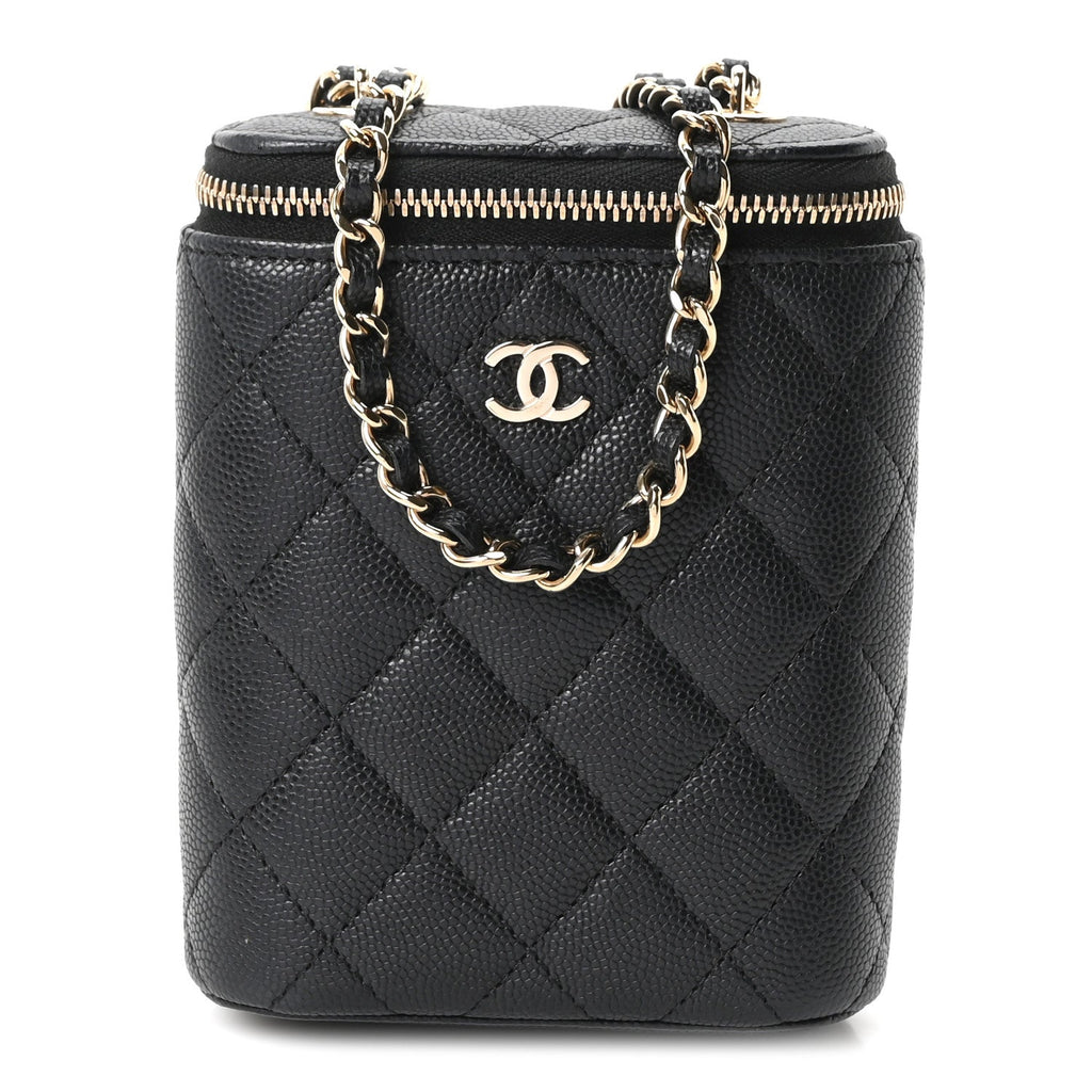 Caviar Quilted Small Vertical Coco Beauty Vanity Case With Chain Black