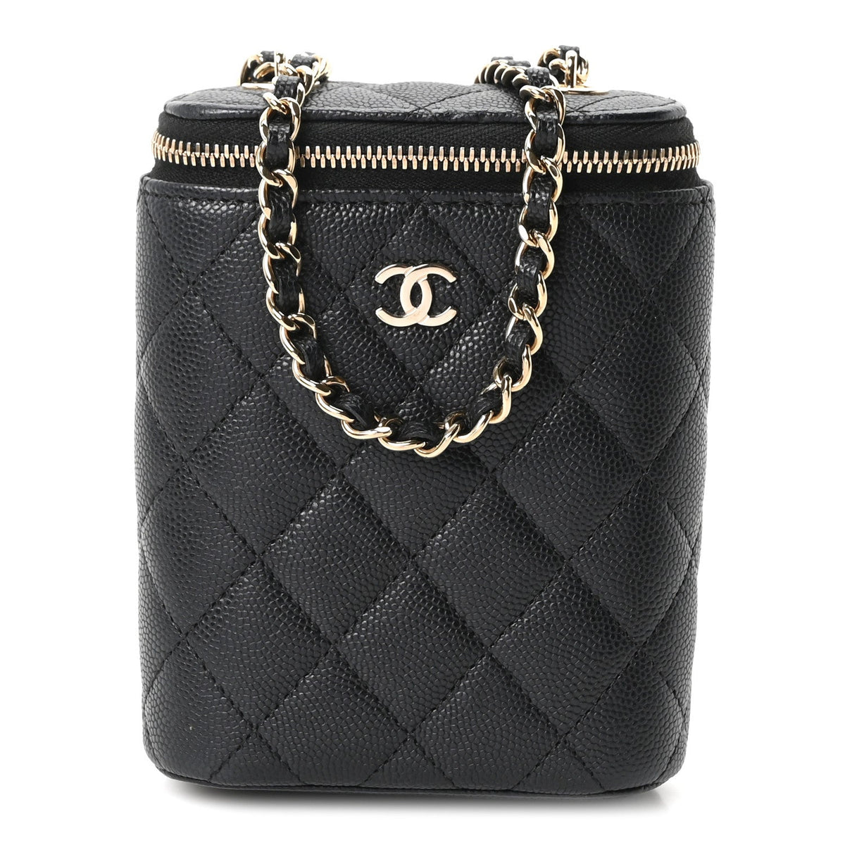 Caviar Quilted Small Vertical Coco Beauty Vanity Case With Chain Black