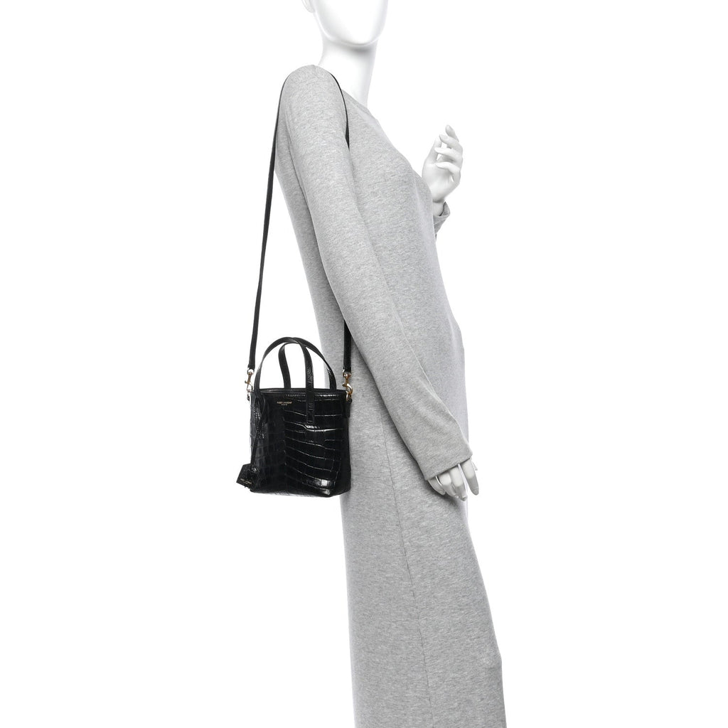Calfskin Crocodile Embossed Paris Mini Toy Shopper Tote Black