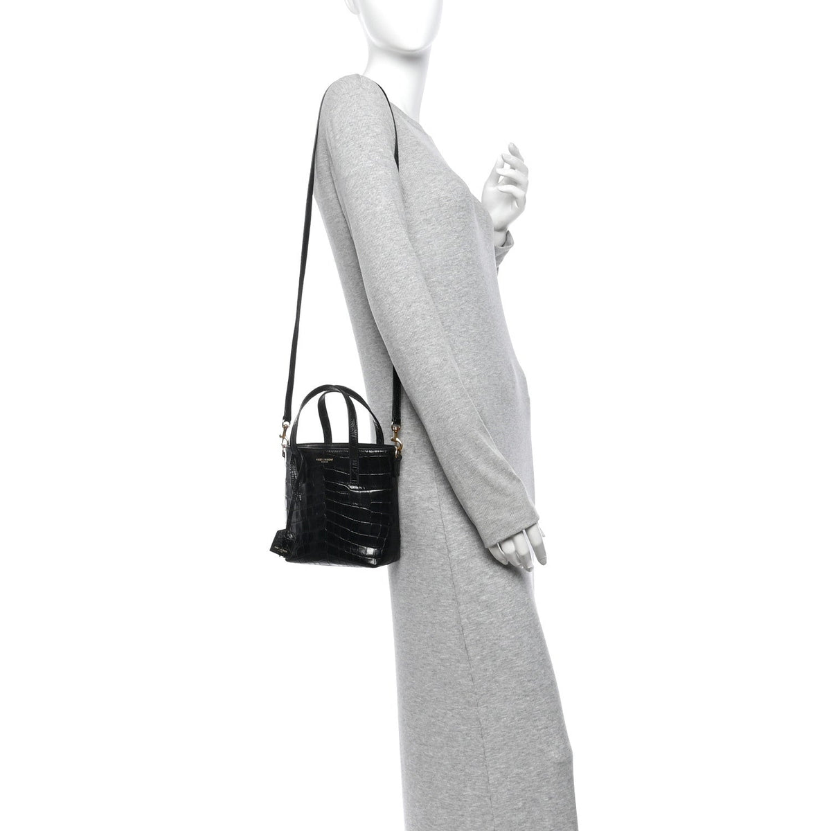 Calfskin Crocodile Embossed Paris Mini Toy Shopper Tote Black
