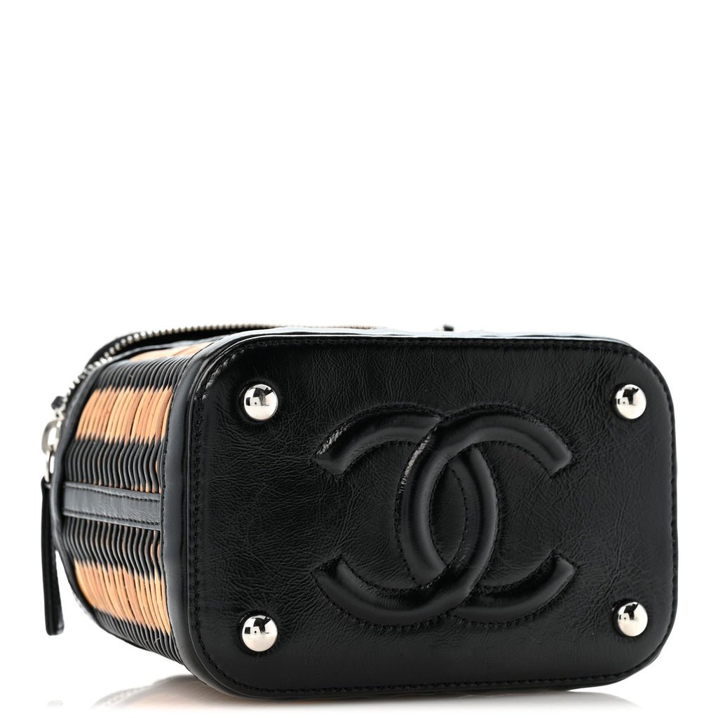 Calfskin Raffia Small Vanity Case Bag Black Beige