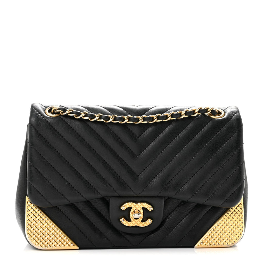Calfskin Chevron Quilted Mini Rock The Corner Flap Black