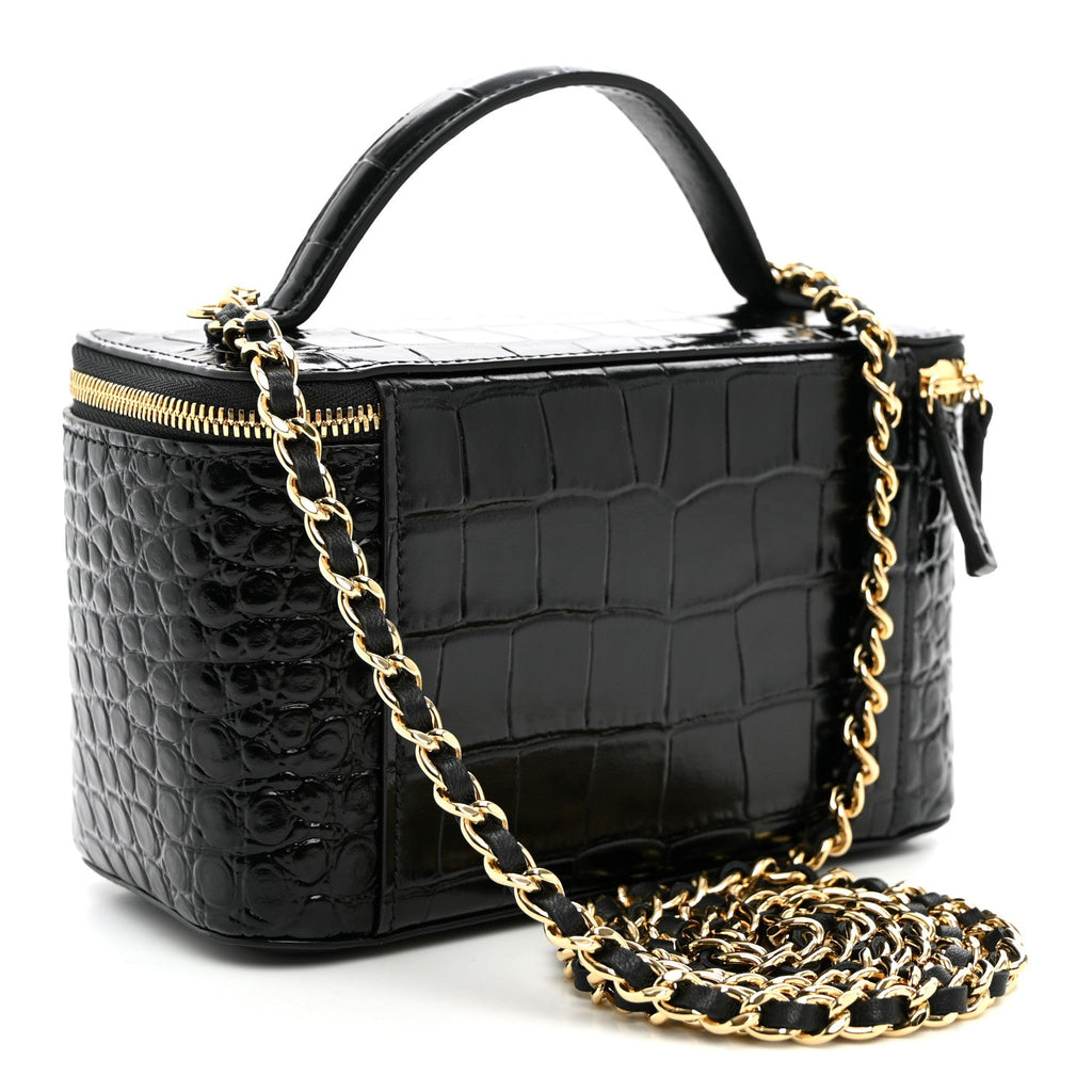 Calfskin Crocodile Embossed Crococo Small Top Handle Vanity Case With Chain Black