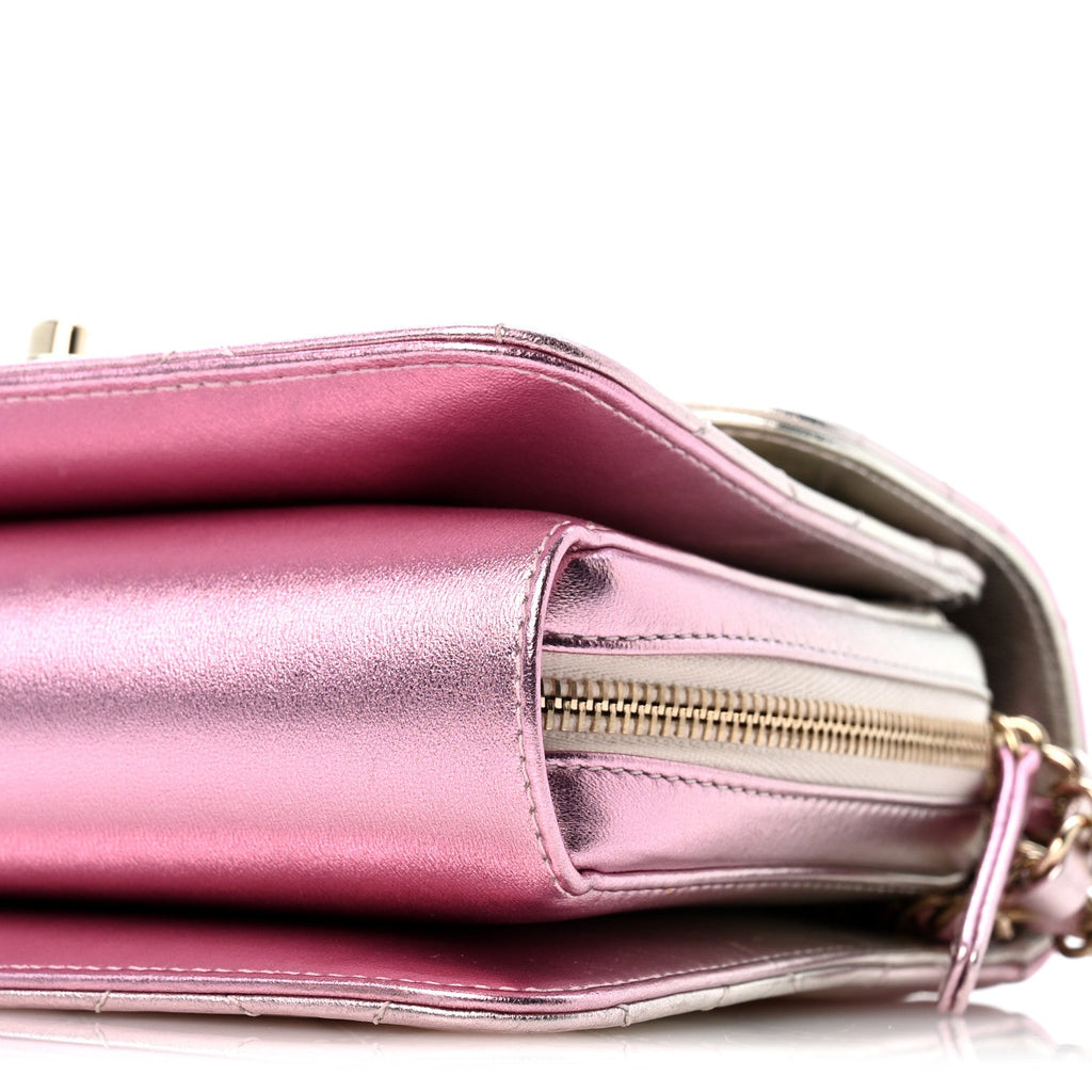 Metallic Lambskin Quilted Large Like A Wallet Flap Golden Pink