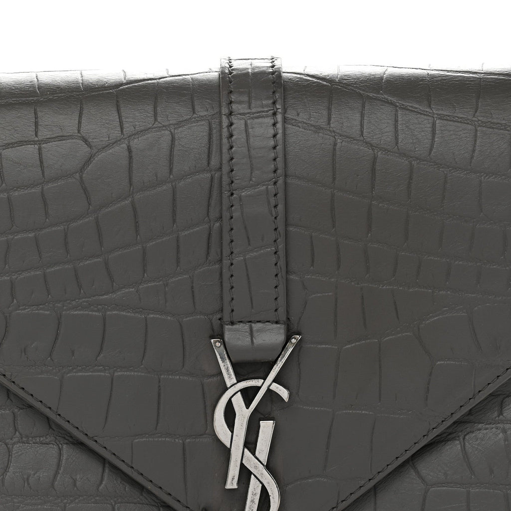 Calfskin Crocodile Embossed Medium College Monogram Satchel Gray