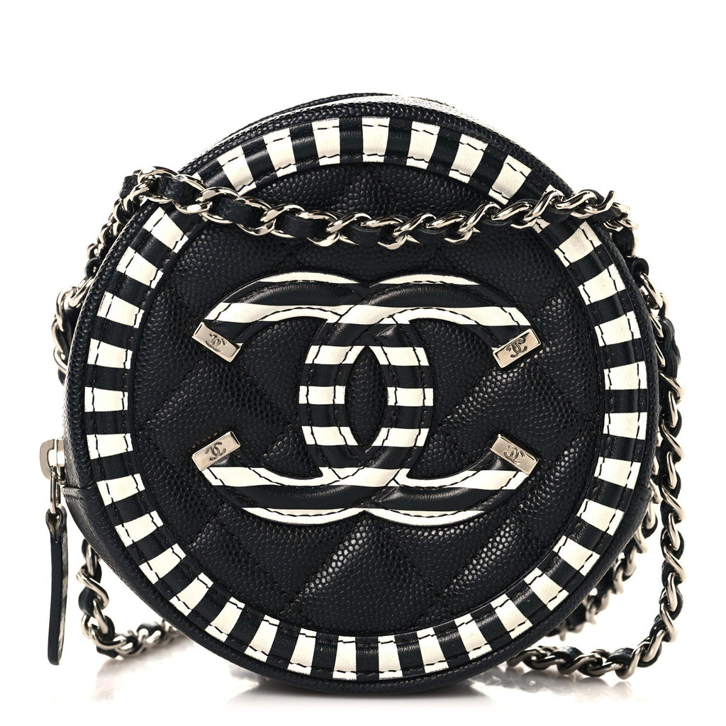 Caviar Quilted Filigree Round Clutch With Chain Black White