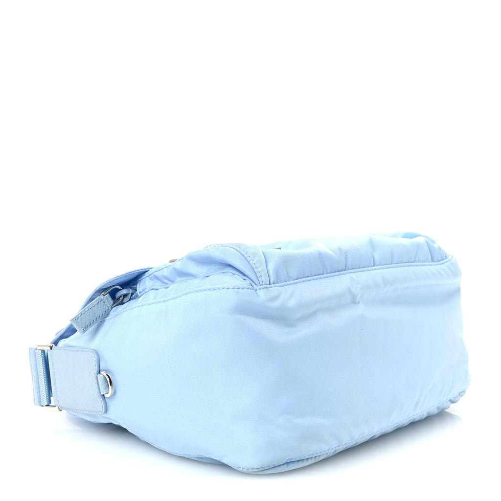 Re-Nylon Vela Saffiano Pocket Double Buckle Messenger Shoulder Bag Celeste