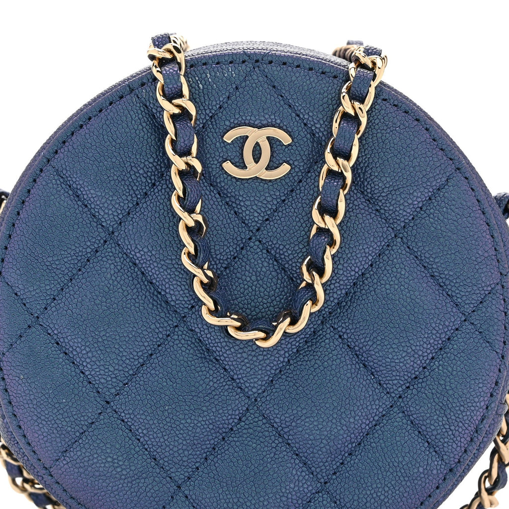 Iridescent Caviar Quilted Round Clutch With Chain Blue