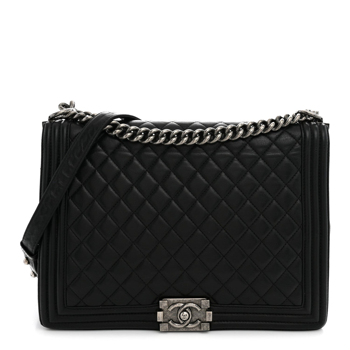 Calfskin Quilted Large Boy Flap Black